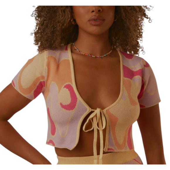 Pepper Mayo On the Record Psychedelic Boho Retro Crop Knit Tie Front Top M/L - Picture 1 of 11